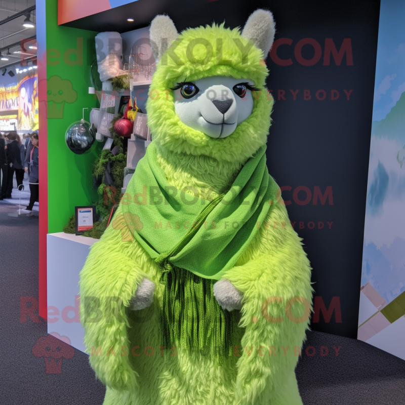 Lime Green Alpaca mascot costume character dressed with a Henley Shirt and Scarf clips