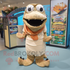 Tan Barracuda mascot costume character dressed with a Romper and Scarf clips