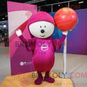 Maskotfigur af en magenta...