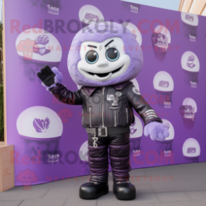 Lavender Candy Box mascot costume character dressed with a Biker Jacket and Mittens