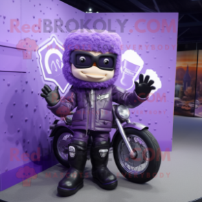Lavender Candy Box mascot costume character dressed with a Biker Jacket and Mittens