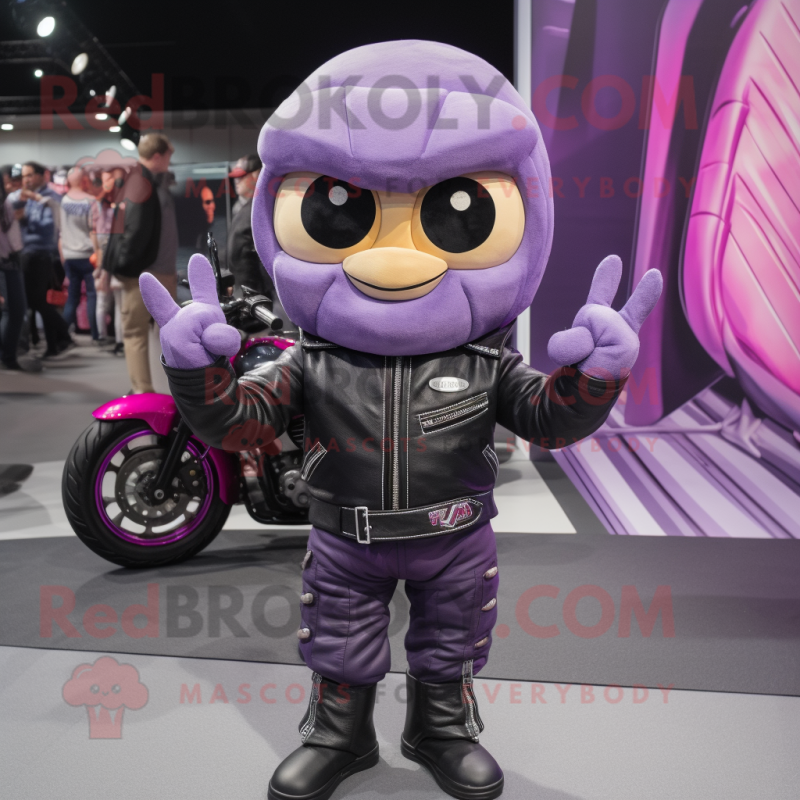 Lavender Candy Box mascot costume character dressed with a Biker Jacket and Mittens