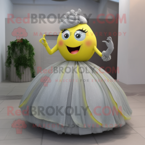 Gray Lemon mascot costume character dressed with a Ball Gown and Rings