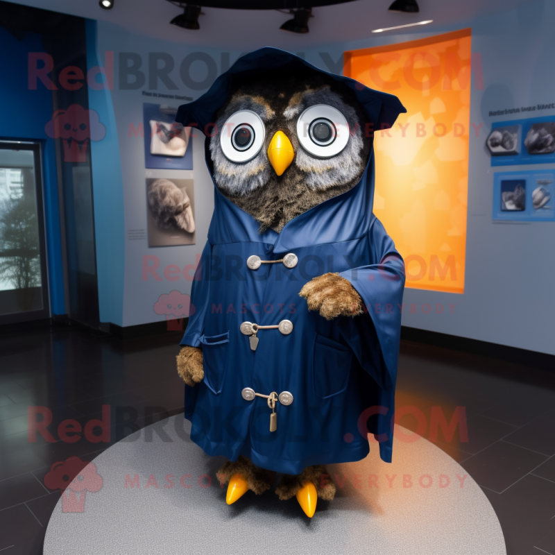 Navy Owl mascot costume character dressed with a Raincoat and Shawl pins