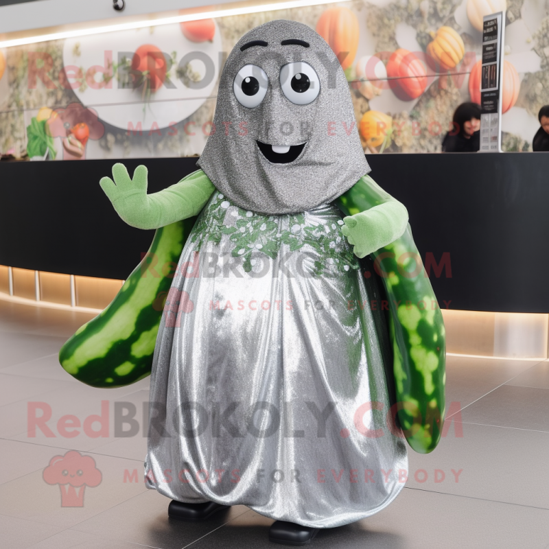 Silver Cucumber mascot costume character dressed with a Maxi Dress and Gloves Mascot Costumes Redbrokoly Sizes L 175 180CM