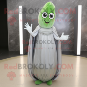 Silver Cucumber mascot costume character dressed with a Maxi Dress and Gloves