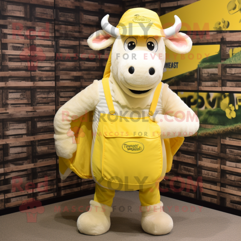 Lemon Yellow Beef Stroganoff mascot costume character dressed with a Waistcoat and Tote bags