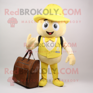 Lemon Yellow Beef Stroganoff mascot costume character dressed with a Waistcoat and Tote bags