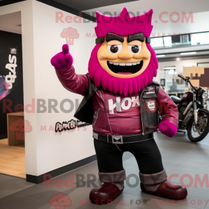 Maskotfigur af en magenta...