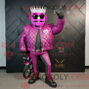 Maskotfigur af en magenta...