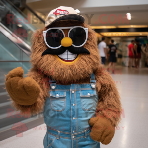 Brown Jambalaya mascot costume character dressed with a Denim Shorts and Sunglasses