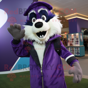 Purple Skunk mascot costume character dressed with a Parka and Lapel pins