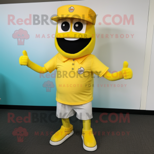Lemon Yellow Bbq Ribs mascot costume character dressed with a Polo Shirt and Tie pins