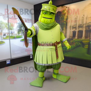 Lime Green Medieval Knight mascot costume character dressed with a Skirt and Cummerbunds