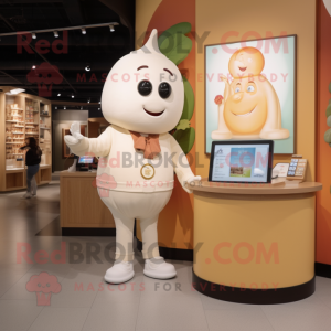 Cream Plum mascot costume character dressed with a Henley Tee and Watches