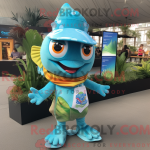 Maskotfigur av en Cyan Fish...