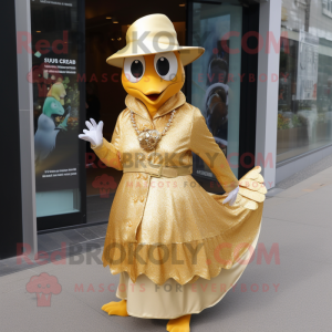 Gold Gull mascot costume character dressed with a Wrap Skirt and Hat pins