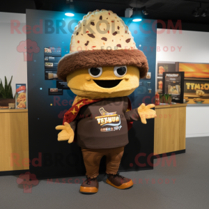 Brown Tacos mascot costume character dressed with a Jacket and Hair clips