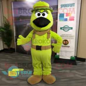 Lime Green Special Air Service mascot costume character dressed with a Corduroy Pants and Ties