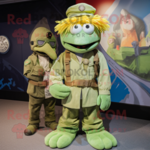 Lime Green Special Air Service mascot costume character dressed with a Corduroy Pants and Ties