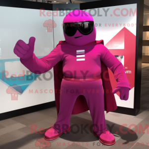 Maskotfigur af en magenta...