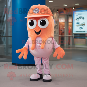 Peach Squid mascot costume character dressed with a Button-Up Shirt and Mittens