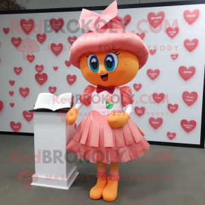 Peach Love Letter mascot costume character dressed with a Pleated Skirt and Caps