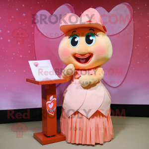 Peach Love Letter mascot costume character dressed with a Pleated Skirt and Caps