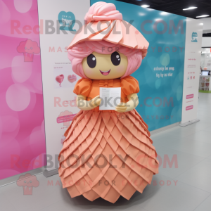 Peach Love Letter mascot costume character dressed with a Pleated Skirt and Caps