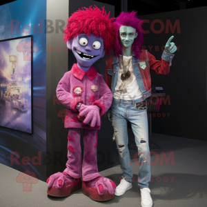 Magenta Zombie mascot costume character dressed with a Boyfriend Jeans and Watches