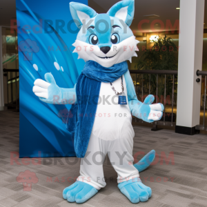 Sky Blue Lynx mascot costume character dressed with a Dress Pants and Scarves