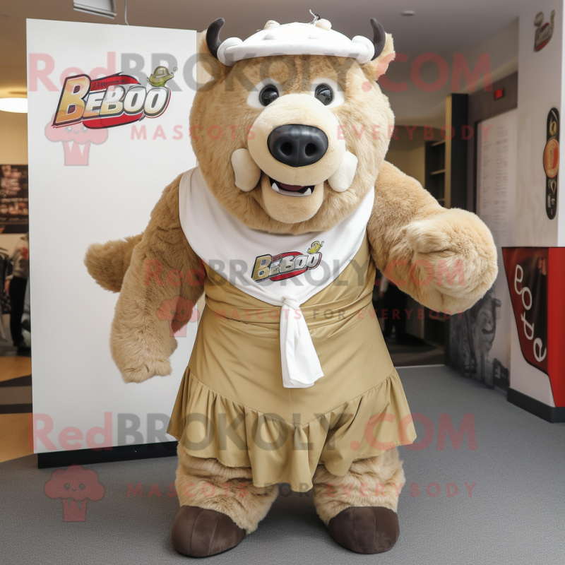 Beige Bison mascot costume character dressed with a Playsuit and Shawl pins