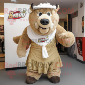 Beige Bison mascot costume character dressed with a Playsuit and Shawl pins