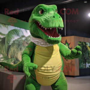 Lime Green T Rex mascot costume character dressed with a Tank Top and Cummerbunds