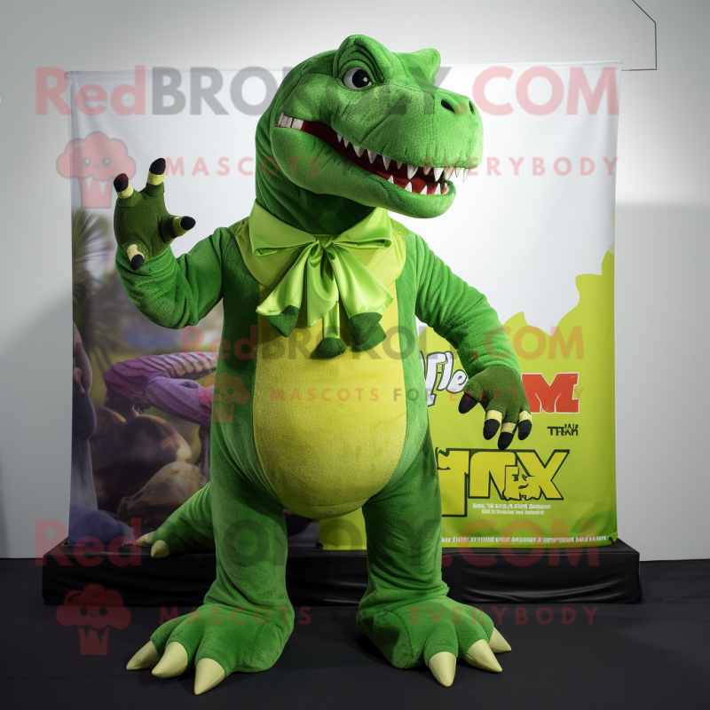 Lime Green T Rex mascot costume character dressed with a Tank Top and Cummerbunds