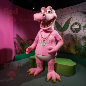 Pink Crocodile mascot costume character dressed with a Polo Tee and Necklaces