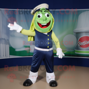 Navy Pesto Pasta mascot costume character dressed with a Capri Pants and Foot pads