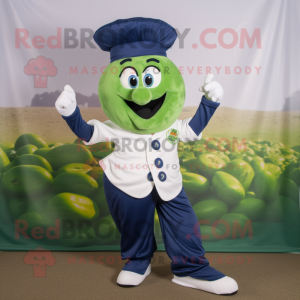 Navy Pesto Pasta mascot costume character dressed with a Capri Pants and Foot pads