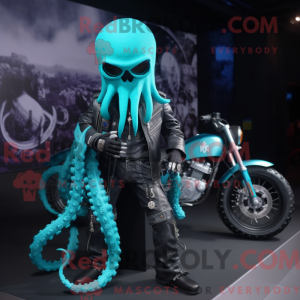 Maskotfigur af en cyan...