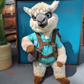 Turquoise Alpaca mascot costume character dressed with a Cargo Shorts and Belts