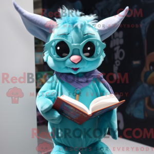 Maskotfigur av en cyan...