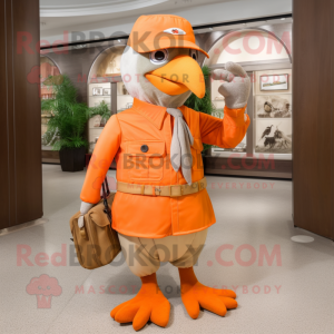 Orange Pigeon mascot costume character dressed with a Chinos and Brooches