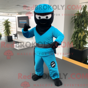 Maskotkarakter af en cyan...