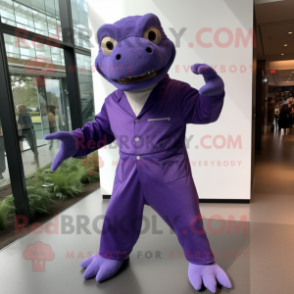 Purple Komodo Dragon mascot costume character dressed with a Dress Pants and Cufflinks