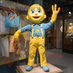 Lemon Yellow Trapeze Artist mascot costume character dressed with a Denim Shirt and Bracelets