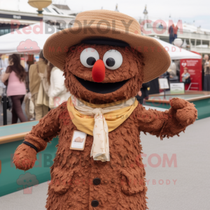Brown Paella mascot costume character dressed with a Cardigan and Hat pins