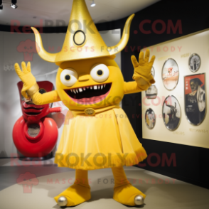 Gold Demon mascot costume character dressed with a Midi Dress and Hats