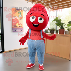 Red Meatballs mascot costume character dressed with a Mom Jeans and Headbands