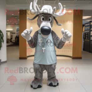 Silver Moose mascot costume character dressed with a T-Shirt and Hat pins