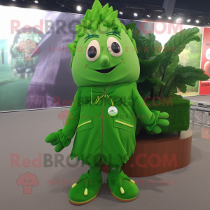 Forest Green Beanstalk mascot costume character dressed with a Windbreaker and Shoe laces